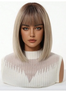 Peruca pentru femei, tunsoare Bob scurta dreapta, cu breton, fibra sintetica rezistenta la caldura, 30 cm, blond auriu - Img 3