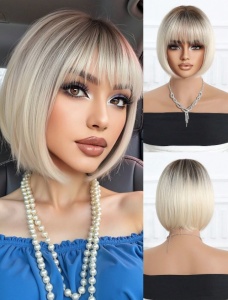 Peruca pentru femei, tunsoare par scurt bob, cu breton, lungime 25.4 cm, culoarea blond auriu cu radacini inchise - Img 2