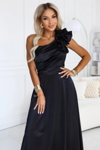 Rochie de seară maxi din satin, cu un umăr gol, cu volănaș decorativ - negru - Img 2