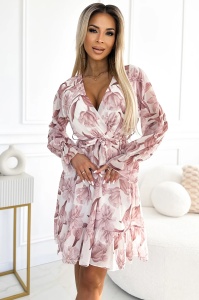 Rochie din sifon cu decolteu, volane si curea - flori bej