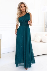 Rochie lungă de seară strălucitoare cu un umăr - verde sticlă