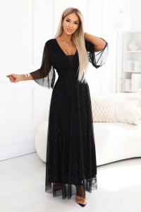 Rochie lunga stralucitoare plus size cu decolteu si maneca transparenta - neagra