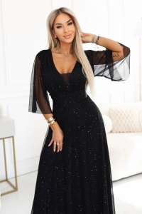 Rochie lunga stralucitoare plus size cu decolteu si maneca transparenta - neagra - Img 2