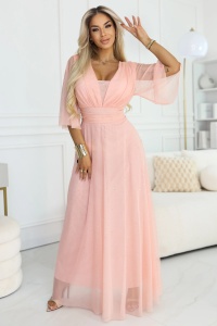 Rochie lungă strălucitoare plus size cu decolteu și mânecă transparentă - piersică