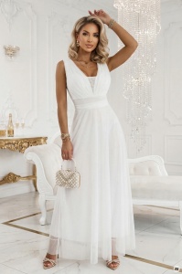 Rochie maxi lungă cu accent brocat și decolteu adânc - ecru - Img 5