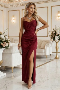 Rochie maxi lungă, mulată, cu decolteu înfășurat și crăpătură - vișiniu