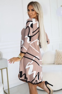 Rochie pulover trapezoidala cu dantela - bej cu model alb-negru - Img 4