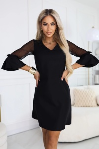 Rochie trapez cu sclipici, mâneci din tulle și decolteu V - neagră