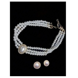 Set colier choker din perle albe faux cu pandantiv si cercei perla, culoarea alb - Img 2