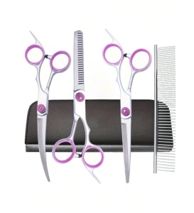 Set foarfece profesionale grooming animale 6 in 1, otel inoxidabil, foarfece curbate si drepte, pieptene inclus, pentru caini si pisici, dreptaci - Img 2