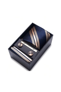 Set pentru barbati, include cravata, batista de buzunar, butoni, clema de cravata in design clasic, culoarea albastru si bej, The Casius.®