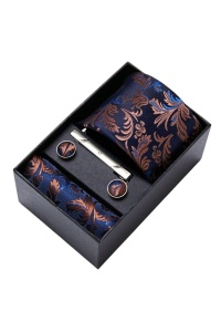 Set pentru barbati, include cravata, batista de buzunar, butoni, clema de cravata in design clasic, culoarea bleumarin cu insertii de maro, The Casius.® - Img 2
