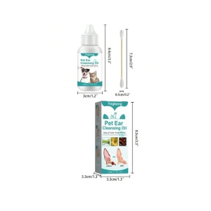 Set pentru curatarea urechilor animalelor de companie, contine 1 cutie cu 30 ml ulei + 10 tampoane de bumbac, pentru curatare urechi pisici si caini - Img 2
