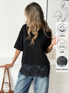 Tricou dama lejer cu maneca scurta, guler rotund si tiv din dantela, casual elegant - Img 2