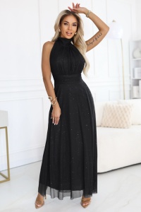 VERONICA Rochie lungă luxoasă cu accent de brocart și o croială elegantă - neagră