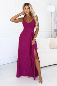 CHIARA Rochie de seara maxi lunga pe bretele - brocart fucsia