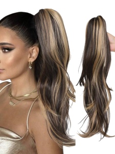 Coada de par extensie Ponytail usor ondulata, 45 cm, culoarea saten cu suvite blonde
