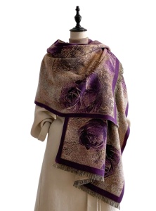 Esarfa lunga tip sal pentru dama din materiale premium, model floral trandafiri, culoarea mov, theCasius.®