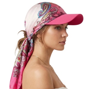 Esarfa-sapca dama stil boem, imprimeu leopard/paisley din satin, bor larg, culoarea trandafir rosu