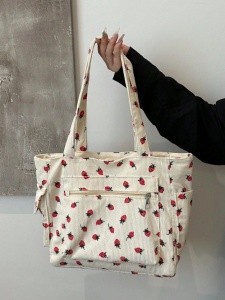 Geanta tote cu fermoar, material textura raiata, model Capsuni, 33.5x9.5x31x23.5 cm, culoarea alb - Img 4