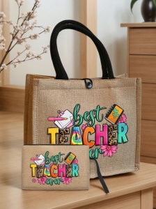 Geanta tote din in cu portofel, model Best Teacher, 31x34x14cm, bej - Img 2