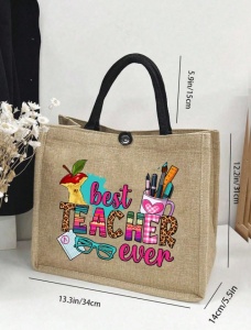 Geanta tote din material de in cu portofel, model Best Teacher Ever, 34 x 14 x 31 cm, bej - Img 5