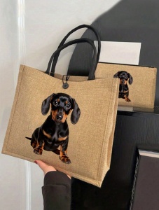 Geanta tote din material de in cu portofel, model Catel, 30x34x11 cm, bej - Img 7