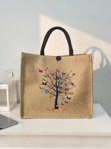 Geanta tote din material de in cu portofel, model Copac cu fluturi, 31 x 35 x 13.5 cm, culoarea bej - Img 3
