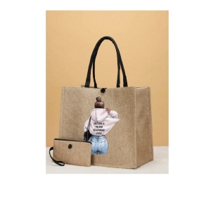 Geanta tote din material de in cu portofel, model Fata cu hanorac alb, 34x31x15x15 cm, culoarea bej - Img 2