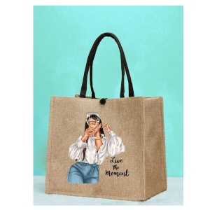 Geanta tote din material de in cu portofel, model Fata cu pahar, 34x31x15x15 cm, culoarea bej - Img 6