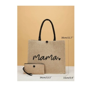 Geanta tote din material de in cu portofel, model Mama, 30x34x15x14 cm, culoarea bej - Img 6