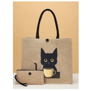 Geanta tote din material de in cu portofel, model Pisica neagra cu ceasca de cafea, 30x34x15x14 cm, culoarea bej - Img 2