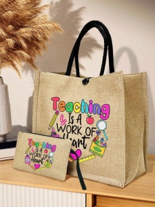Geanta tote din material de in cu portofel, model Teaching, potrivita pentru invatatoare, 31 x 34 cm, culoarea bej - Img 4