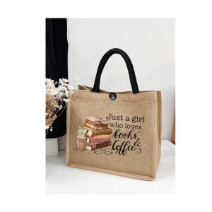 Geanta tote din material de in, model Books and Coffee, 31 x 35 x 13.5 cm, culoarea bej - Img 2
