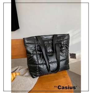 Geanta tote minimalista pentru dama, design matlasat, lungime 47 cm, negru - Img 3