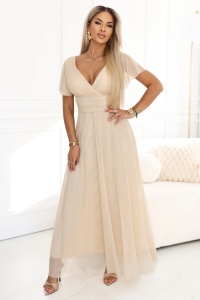 MELANIA Rochie lungă strălucitoare pentru nuntă cu decolteu și mânecă scurtă - bej