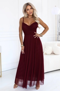 NILA Rochie maxi din tul pe bretele cu decolteu plic - bordo