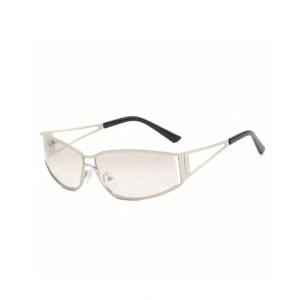 Ochelari de soare dama Y2K, rama metalica argintie, lentile oglinda, design fashion futurist, pentru plaja, vacanta si tinute moderne de vara - Img 3