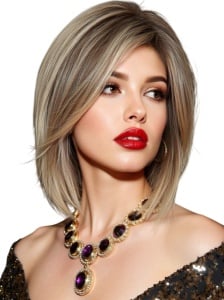 Peruca bob cu breton, lungime 25 cm, culoarea saten deschis suvitat nuante cu radacinile inchise