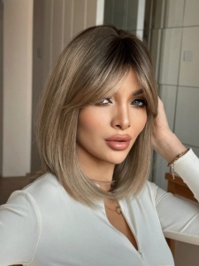 Peruca bob cu breton, lungime 40 cm, culoarea saten blond cu radacinile inchise - Img 5