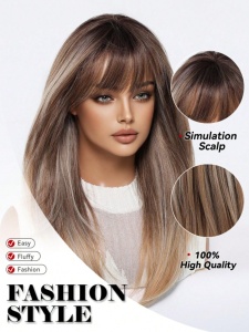 Peruca par lung tuns in stil fluture, breton, culoarea blond saten suvitat, radacini inchise, lungime 55 cm - Img 6