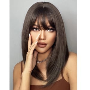 Peruca pentru femei, lungime medie, dreapta, cu breton, culoarea saten maro ciocolata natural, 40 cm - Img 2