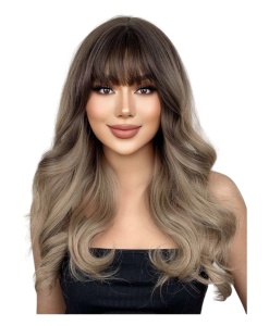 Peruca pentru femei, par lung usor ondulat, cu breton, imita parul natural, culoarea blond cenusiu ombre, lungime 66 cm