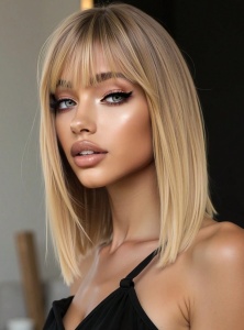 Peruca pentru femei, par lungime medie drept, cu breton, 40 cm, culoarea blond natural - Img 6