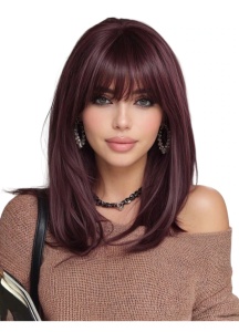 Peruca pentru femei, par mediu drept, cu breton, imita parul natural, 35.5 cm, culoarea burgundi