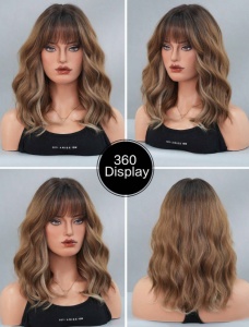 Peruca pentru femei, par mediu ondulat, cu breton, imita parul natural, 40 cm, culoarea saten ciocolata suvitat, theCasius.® - Img 6
