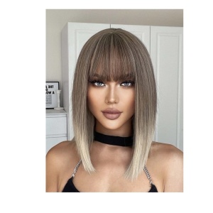 Peruca pentru femei, par scurt drept, cu breton, imita parul natural, culoarea blond ombre, lungime 36 cm - Img 3