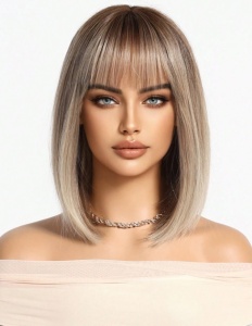 Peruca pentru femei, tunsoare par scurt bob, cu breton, lungime 30.5 cm, culoarea blond cenusiu cu radacini inchise - Img 5
