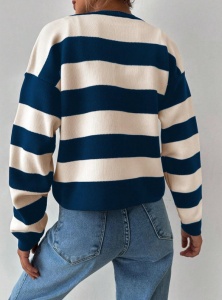 Pulover casual pentru dama cu nasturi, model cu dungi, marime universala, culoarea alb cu bleumarin - Img 3
