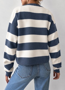 Pulover casual pentru dama cu nasturi, universal, dungi alb cu albastru deschis - Img 3